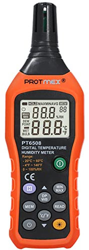 Protmex PT6508 Temperature Humidity Meter, Digital Thermometer Hygrometer Monitor with Ambient, Dew Point, Wet Bulb for Indoor/Outdoor MIN, MAX, Data Hold, LCD Backlight