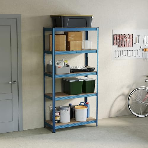 Home Vida Regal mit 5 Ablagen, Hochregal, Nietenlos, Industrie, Lagerung, Stahl, Blau, Groß