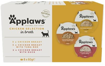 Applaws 100% Natural Wet Cat Food Pot, Multipack Chicken Selection in Broth for Adult Cats - Pack of 8 x 60g Pots