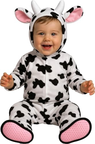 FIESTAS GUIRCA | Baby-Kuh Kostüm Unisex (12-18 Monate/80 cm) – Overall mit Kapuze, Schwanz und Füßen – Tierkostüm für Kinder zu Karneval, Halloween, Geburtstag, Mottoparty – Weiß Schwarz
