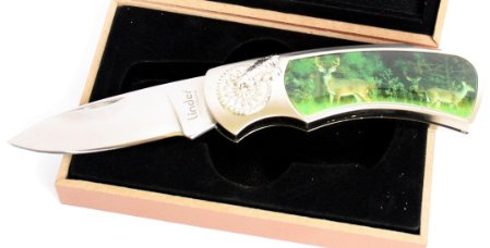 Linder Schließmesser, rostfrei 10 cm, Hirsch, Geschenkbox, Klappmesser