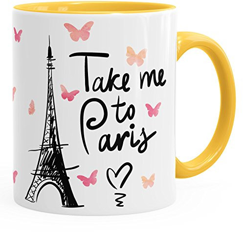 MoonWorks Kaffee-Tasse Take me to Paris Geschenk-Tasse für Frau Freundin Tasse mit Innenfarbe gelb Unisize