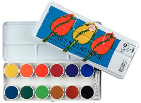 Talens Opaque Watercolors, Metal Tin, Set of 12 Round Pans