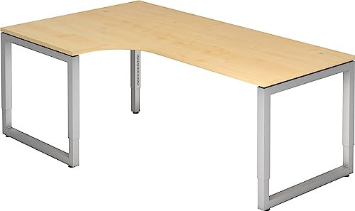 bümö höhenverstellbarer Eckschreibtisch R-Serie 200x120 cm in Ahorn, Gestell in Silber - Schreibtisch L Form, großer Tisch für's Büro, Computertisch höhenverstellbar