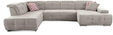 CAVADORE Wohnlandschaft Mistrel mit Longchair rechts und Ottomane links / Großes Sofa in U-Form / Inkl. Kopfteilfunktion / 343 x 77-93 x 228 / Kati Grau-Weiss