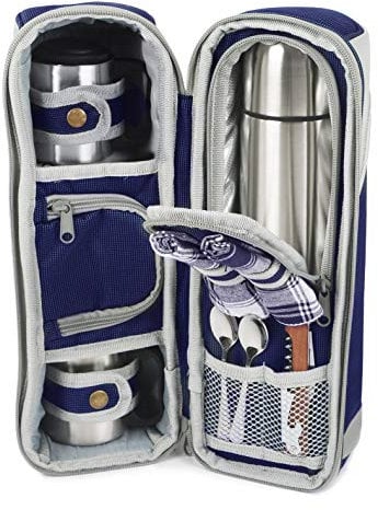 Greenfield Collection Deluxe Hamper Flask Hot Pack for Two People with 1 Vacuum Sealed Stainless Steel 1 Litre Flask + 2 Stainless Steel Mugs - Perfect for Outdoors, Travel and Office - Navy Blue