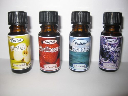 4er Set Aroma Duftöl, Raumduft für Duftlampe und Potpourries, 10 ml, verschiedene Düfte (apfel/erdbeer/exotic/flieder)