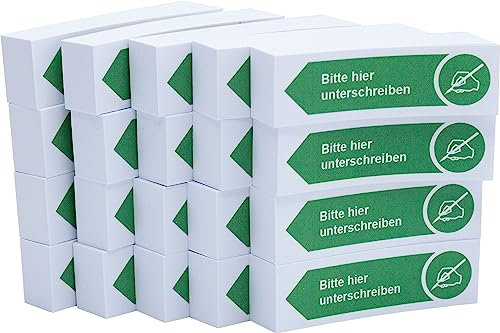 Litfax Haftnotizen Klebezettel Bitte hier unterschreiben, 20 Stück je 100 Blatt Sticky Notes – Post It Haftstreifen in Grün mit Pfeilrichtung nach links