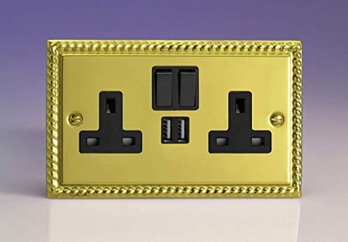 VARILIGHT Georgian Brass Classic Double Socket with 2 x 12W Shared USB A Charging Ports XG5U2SB