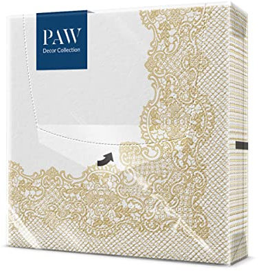 PAW - Servietten 3-lagig (33 x 33 cm) I 20 Stück I Perfekt für Kommunion, Hochzeit, Konfirmation und Feiern I Papierservietten Bunt mit Dekorationen I Besondere Anlässe, Ornamente, Gold I Royal Lace
