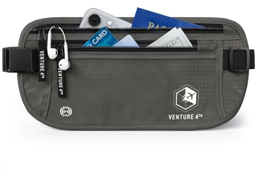 VENTURE 4TH Money Belt for Travel – Hidden Under-Clothes RFID Blocking Passport Holder & Slim Travel Wallet Pouch for Men & Women to Protect Cash, Cards & Documents (Gray)