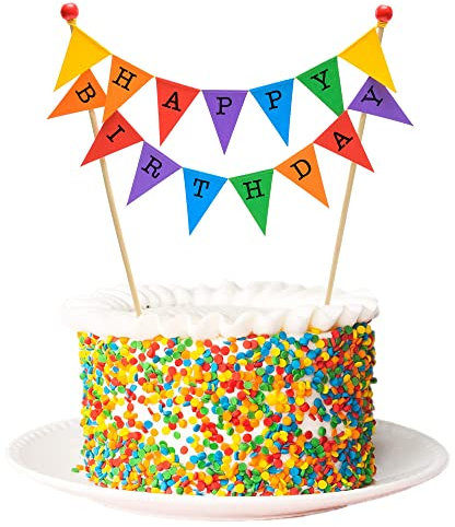 amazing buntings, Happy Birthday Cake Topper, Rainbow Bunting Flags Banner Party Decoration, Fully Assembled with Food Grade Wooden Poles, Large