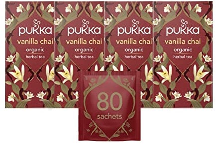 Pukka Herbs | Vanilla Chai Organic Herbal Tea Box | Energising Infusion With Cinnamon, Cardamom, Ginger, Fennel | Perfect For Vitality | Caffeine Free | 4 Packs | 80 Plant Based Biodegradable Tea Bags