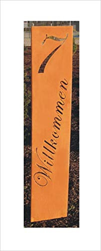 Jabo Design Rost Schild GA02 individuell gestaltbar + Hausnummer, 160 cm hoch (Höhe gemessen ohne die Stangen/Bodenstecker) rost Steele stecker gartenstecker