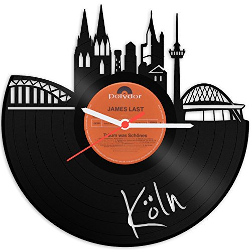 GRAVURZEILE Schallplattenuhr - Skyline Köln - Wanduhr aus gegossenem Vinyl mit Stadt Skyline 30 cm - Upcycling Design-Uhr Wand-Deko Vintage Wand-Dekoration Retro-Uhr - Made in Germany