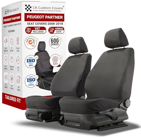 To Fit Peugeot Partner Seat Covers 2008-2018 Front Set | Waterproof & Heavy Duty, Airbag Compatible, Easy To Fit - Tailored Driver & Single Passenger Black