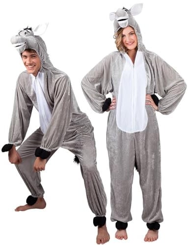 Boland - Erwachsenen-Kostüm Esel, Kapuzen-Overall aus Plüsch, Tiermotiv, Reisverschluss vorne, Bauernhof, Bauer, Karneval, Fasching, Mottoparty, Grau