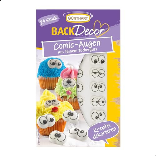 Günthart BackDecor | 24 Comic Zucker Augen | Augen Zuckerdekor | 8 verschiedene Varianten aus feinem Zuckerguß | schwarz | weiß | 1er Pack (1 x 12 g)