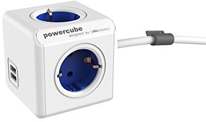 allocacoc PowerCube DuoUSB Extended DE Blau, 4 fach Steckdosenverteiler mit 2,1 A USB Ladestrom, Weiß Blau