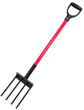 Bully Tools 4 Tines Spading Fork - Heavy Duty Garden Fork with Fiberglass Handle and Poly D-Grip Handle for Digging, Turning Soil, Compost Aeration, Root Crop Harvesting, Durable Steel Tines - 44-Inch
