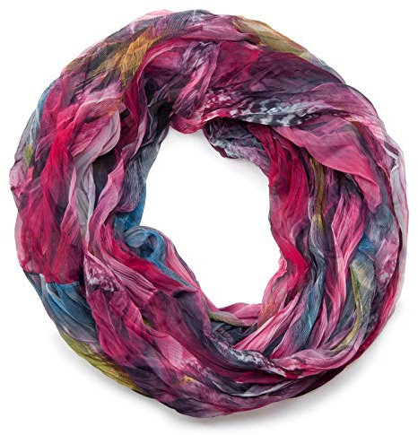 styleBREAKER Damen Loopschal Feder Muster Batik Style | leichter Schlauchschal mit Crash Crinkle Optik | weiches Halstuch für Frühling und Sommer, Farbe:Pink