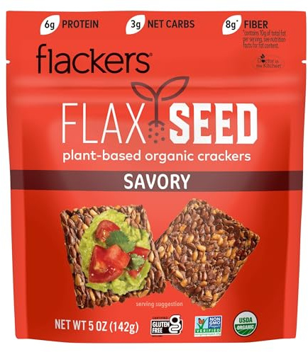 Flackers Organic Savory Flax Seed Crackers, Gluten Free, High Fiber, Low Net Carbs, Plant Protein, Non GMO, Vegan, Keto Snack, 5 Ounce 1-Pack