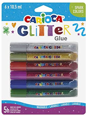 Carioca 42110 - Glitter Glue Blister Confezione 10.5 ml, 6 Colori Classici, Colla Colorata per Decorazioni
