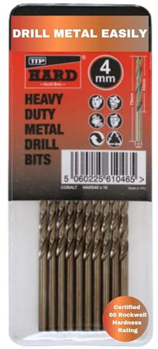 TTP HARD drills 4mm drill bit - Pack of 10 Cobalt metal drill bits for drilling hard steel, cast iron, sheet metal & stainless, hardened heavy duty twist drills, 5% cobalt M35 jobber wood masonry