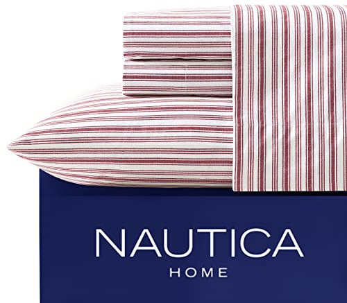 Nautica, Bettwäsche-Set für Doppelbett, Baumwoll-Perkal-Bettwäsche-Set, lässige Heimdekoration, Schlafsaal-Essentials (Coleridge-Streifen Rot, Twin XL)