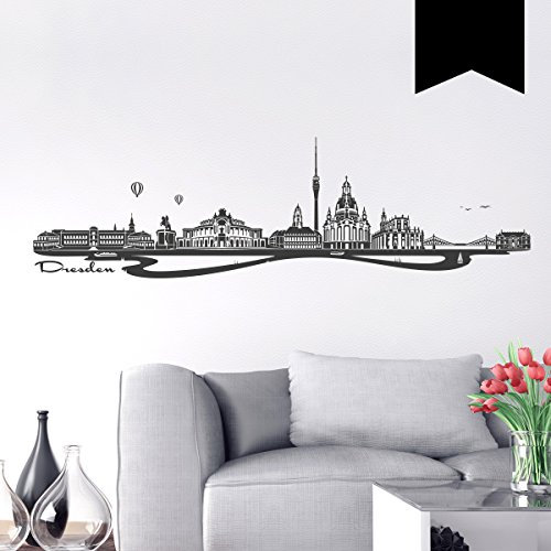 Wandkings Wandtattoo Skyline Dresden (mit Sehenswürdigkeiten und Wahrzeichen der Stadt) 150 x 42 cm schwarz - erhältlich in 33 Farben