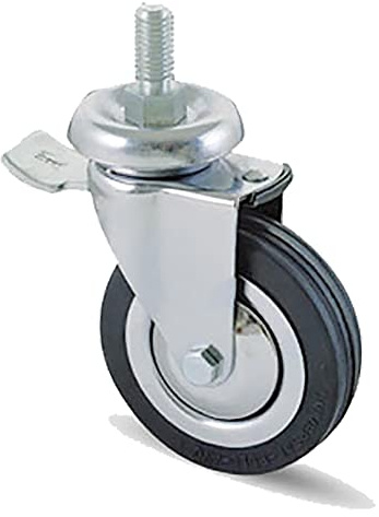 Rollen für Möbel Art. 155 A/B in schwarzem Gummi, mit parafili und Flange In Stahl bedruckt, schwenkbar auf Kugellager. Platte drehbar mit Zapfen. Ausführung: Chrom.