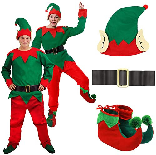 Ladies Elf Costume - Womens Cheeky Elf Christmas Fancy Dress- Green Top + Red Trousers + Belt + Elf Hat With Ears + Deluxe Pom Pom Elf Shoes (Medium | 14-16)