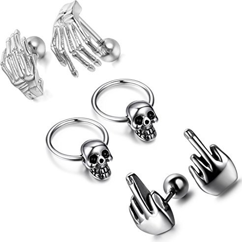 Cupimatch 3 Paare Damen Herren Klaue Ohrringe, Gotik Totenkopf Schädel Klaue Mittelfinger Hoop Creolen Ohrhänger Ohrstecker Ohrschmuck Silber