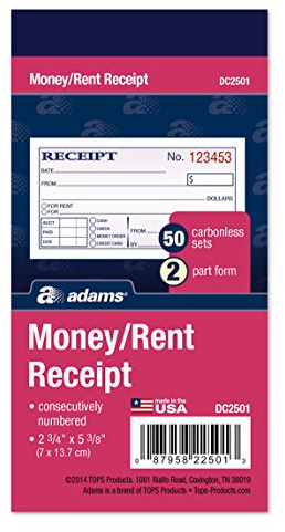 Adams Money and Rent Receipt, 2-3/4 x 5-3/8 Inches, 2-Parts, Carbonless, White/Canary, 50 Sets per Book, 3 Books (DC2501-3)