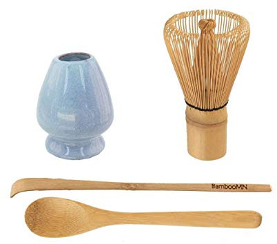 BambooMN Brand - Matcha Green Tea Whisk Set - Whisk + Scoop + Tea Spoon + Shimmering Blue Whisk Holder