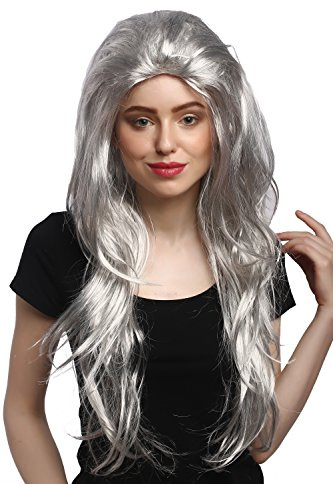 WIG ME UP - 91125-ZA62-ZA63-ZA103 Perücke Damen Karneval Halloween Grau Glatt Toupiert Volumen Hexe Alte Oma Sehr Lang 70 cm