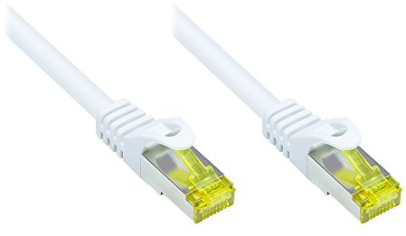 Good Connections RJ45 Ethernet LAN Patchkabel mit Cat. 7 Rohkabel und Rastnasenschutz RNS, S/FTP, PiMF, halogenfrei, 500MHz, OFC, 10-Gigabit-fähig (10/100/1000/10000-Base-T Ethernet Netzwerke) - z.B. für Patchpanel, Switch, Router, Modem - weiß, 5 m