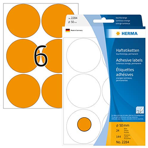 HERMA 2284 Punktaufkleber Klebepunkte leuchtorange, 144 Stück, Ø 50 mm, 6 pro Bogen, selbstklebend, Markierungspunkte für Kalender Planer Basteln, matt, blanko Papier Farbpunkte Aufkleber