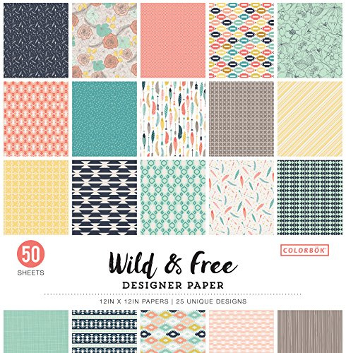 Colorbok Gemustertes Kartonpapier, 30,5 x 30,5 cm, 50 Blatt quadratisches Scrapbook-Papier zum Basteln und zur Kartenherstellung, einseitig, Großpackung mit 25 einzigartigen Designs, Wild & Free