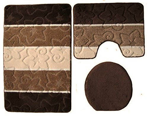 Ilkadim Orion Badgarnitur 3 TLG. Set 50x80 cm Mehrfarbig gestreift, WC Vorleger mit Ausschnitt für Stand-WC (Dunkelbraun braun Creme)