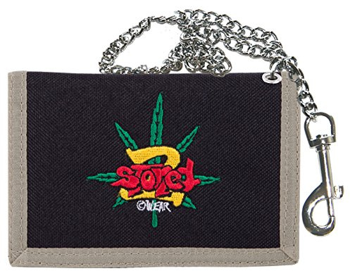 2Stoned Geldbörse Unisex in Schwarz mit Kette und Karabiner, Stickmotiv Leaf, aus Polyester