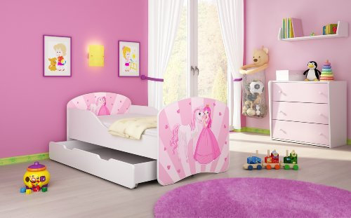 CLAMARO 'Traumland' Motiv Kinderbett 70 x 140 cm inkl. Matratze, Lattenrost und Bettkasten Schublade auf Rollen, Kantenschutzleisten und Rausfallschutz, Motiv: 08 - Princess with Pony Motiv