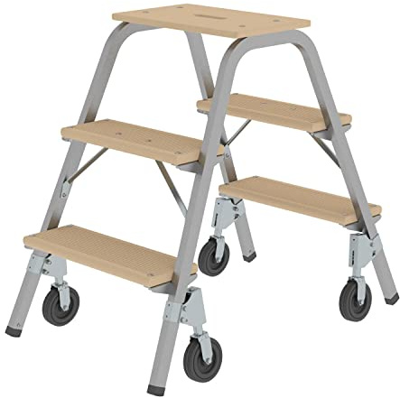 MUNK | Stahlrohr-Tritt mit Holzstufen| mit 4 Bremsrollen| 3 Stufen inkl. Plattform.