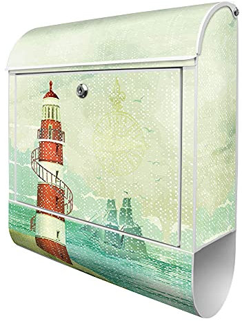banjado® Design Briefkasten mit Alter Leuchtturm 38,5x46,5x13cm & 2 Schlüssel - Briefkasten Stahl weiß mit Zeitungsfach pulverbeschichtet - Postkasten A4 Einwurf inkl. Montagematerial
