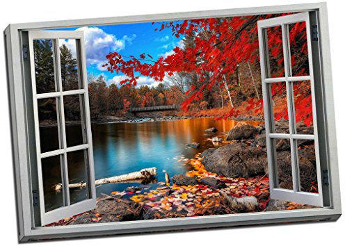 Panther Print Leinwanddruck, Motiv Herbstlicher Wald Fluss, Rot, 3D-Effekt für Fenster, Kunstdruck, 76,2 x 50,8 cm