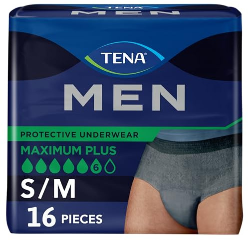 TENA Men Incontinence Underwear, Maximum Plus Absorbency, Adult Diapers, Small/Medium (Waist Sizes 34in-50in), 16 Count
