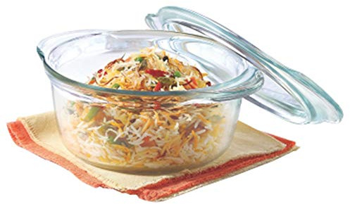 Borosil Glass Casserole Oven and Microwave Safe Serving Bowl with Glass Lid, 1.75L, Transparent, 1 Piece Deep Round Casserole