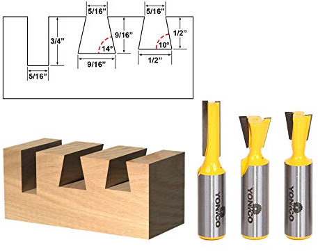 Yonico 14318-3 Bit Dovetail Router Bit Set, Dovetail Bits: 10 Deg. & 14 Deg., Straight Bit: 5/16 - 1/2 Shank