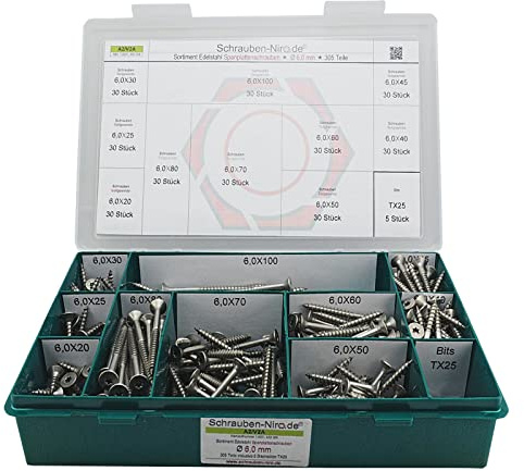 Set Spanplattenschrauben Ø 6,0 mm Edelstahl A2 V2A Holzschrauben Torx | Sortiment Edelstahl A2 Schrauben, Durchmesser 6,0 mm, 305 Teile Holzschrauben mit verstärktem Kopf VA V2A