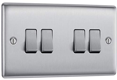 BG Electrical Quadruple Wall Light Switch, 2 Way, Raised and Slim Profile, Round Edges, Nexus Metal, Brushed Steel, 20A, 16AX, NBS44